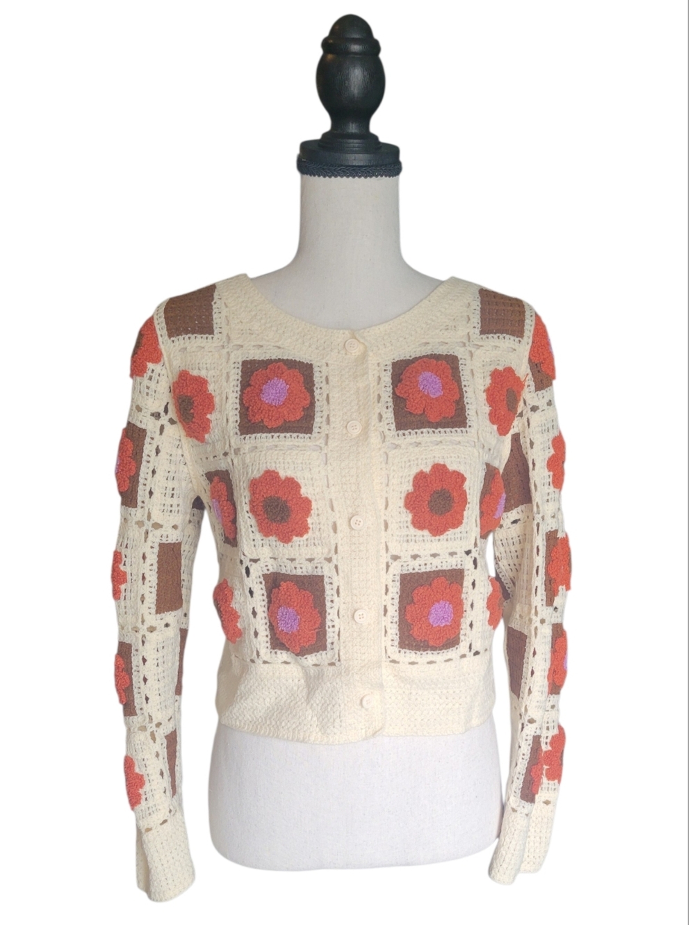 Everleigh Patchwork Granny Boho Retro Square Floral Cropped Cardigan Sz M - Picture 2 of 10
